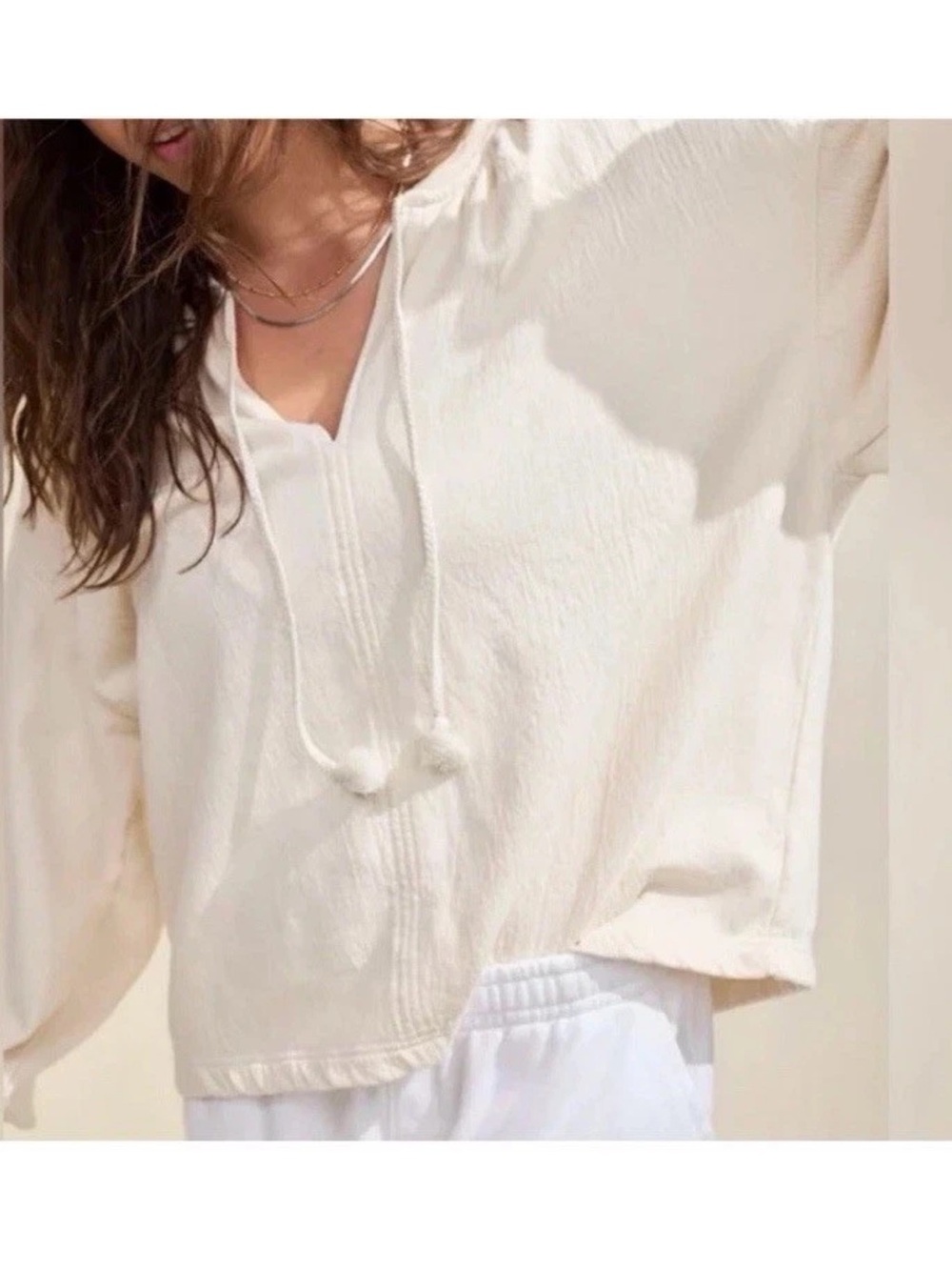 Aerie Sweatshirt Womens XXL Ivory French Terry Puff Sleeve Tie Front